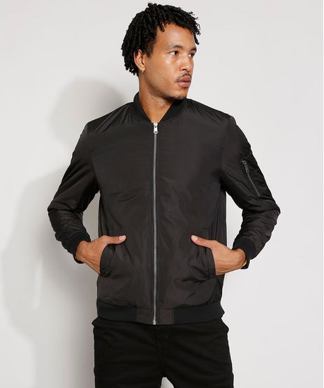 Jaqueta-Bomber-de-Nylon-Masculina-Acolchoada-com-Bolsos-Preta-9973805-Preto_1