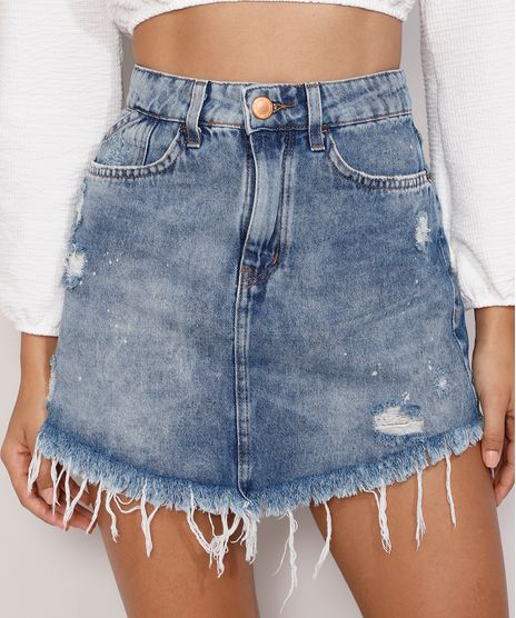 Saia-Jeans-Feminina-Curta-Destroyed-Marmorizada-com-Respingos-e-Barra-Desfiada-Azul-Medio-9985896-Azul_Medio_1