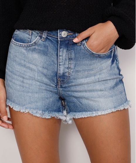 Short-Jeans-Feminino-Reto-Cintura-Media-Marmorizado-com-Barra-Desfiada-Azul-Medio-9985648-Azul_Medio_1