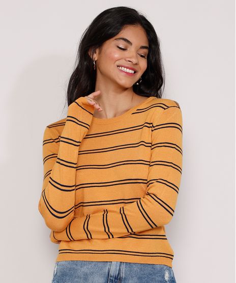 Sueter-de-Trico-Feminino-Basico-Listrado-Decote-Redondo-Mostarda-9325938-Mostarda_1