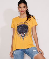 Camiseta-Feminina-Manga-Curta-Pantera-Negra-Metalizada-Decote-Redondo-Mostarda-9982359-Mostarda_1