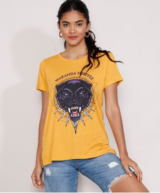 Camiseta-Feminina-Manga-Curta-Pantera-Negra-Metalizada-Decote-Redondo-Mostarda-9982359-Mostarda_1