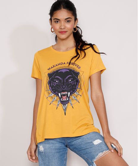 Camiseta-Feminina-Manga-Curta-Pantera-Negra-Metalizada-Decote-Redondo-Mostarda-9982359-Mostarda_1