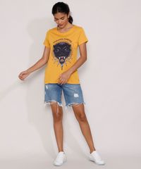 Camiseta-Feminina-Manga-Curta-Pantera-Negra-Metalizada-Decote-Redondo-Mostarda-9982359-Mostarda_3