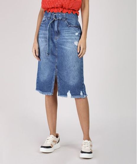 Saia-Jeans-Feminina-Midi-com-Cinto-Barra-Destroyed-Azul-Medio-9932229-Azul_Medio_1