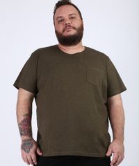 Camiseta-Masculina-Plus-Size-com-Bolso-Manga-Curta-Gola-Careca-Verde-Militar-9956875-Verde_Militar_1