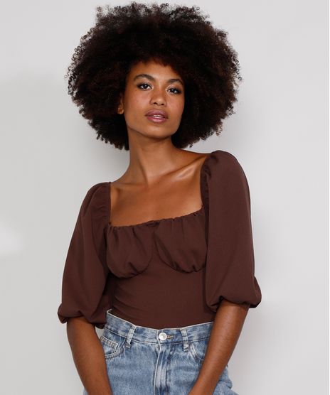 Blusa-Feminina-Mindset-com-Franzido-Manga-Bufante-Decote-Reto-Marrom-9991003-Marrom_1