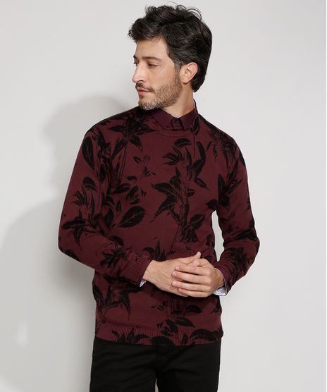 Sueter-de-Trico-Masculino-Estampado-Floral-Gola-Careca-Vinho-9821906-Vinho_1