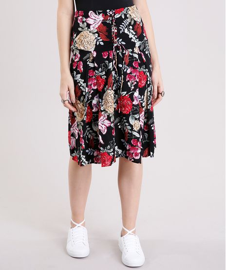 Saia-Midi-Feminina-Estampada-Floral-com-Lace-UP-Preta-8898672-Preto_1