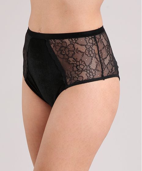 Calcinha-Feminina-Hot-Pant-em-Veludo-com-Renda-e-Transparencia-Preta-9029482-Preto_1