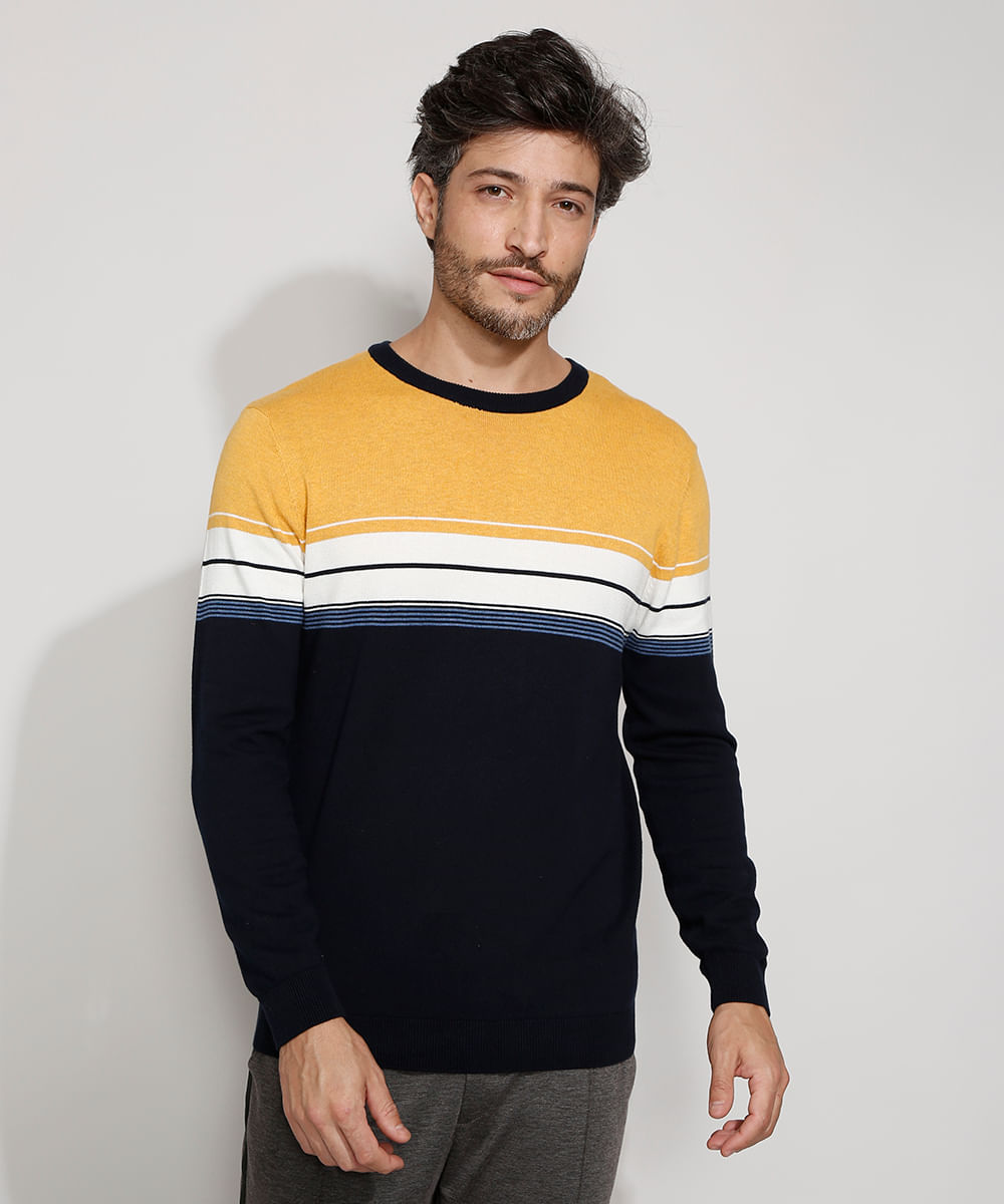 Suéter de Tricô Masculino com Listras Gola Careca Mostarda