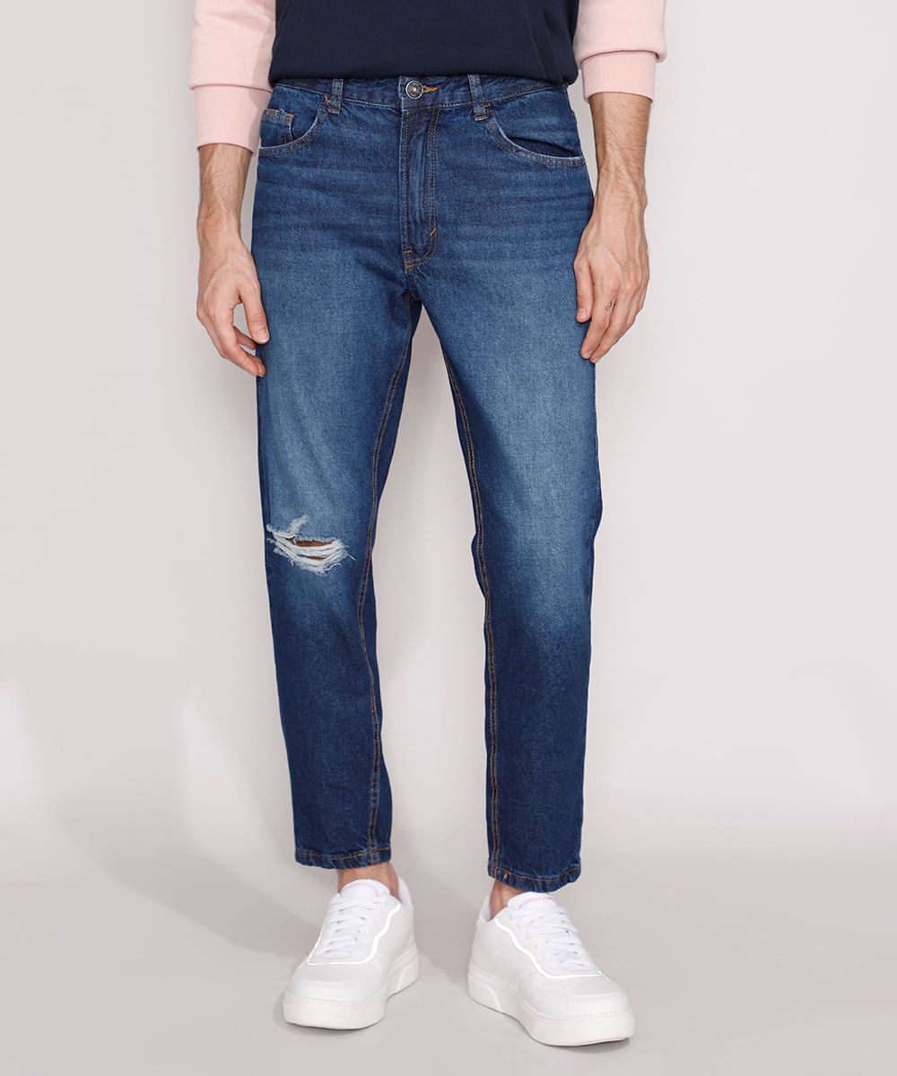 Calça Jeans Masculina Slim Destroyed Azul Escuro
