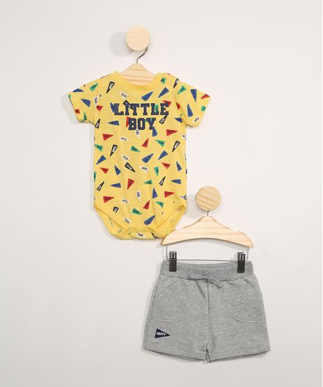 Conjunto-Infantil-Body-Manga-Curta-Estampado-de-Bandeiras-Amarelo---Short-de-Moletom-Cinza-Mescla-9981763-Cinza_Mescla_1