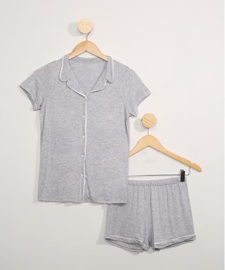 Pijama-Juvenil-Manga-Curta-com-Vivo-Contrastante-Cinza-Mescla-9963149-Cinza_Mescla_1