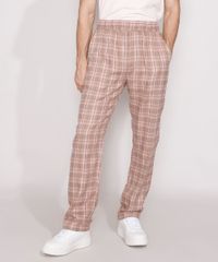 Calca-de-Flanela-Masculina-Reta-Estampada-Xadrez-com-Bolsos-Kaki-9984947-Kaki_1