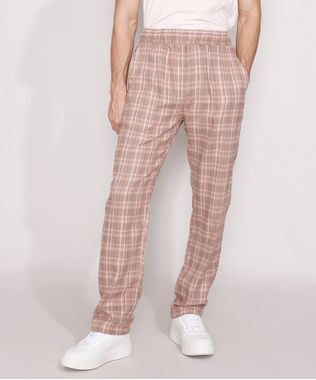 Calca-de-Flanela-Masculina-Reta-Estampada-Xadrez-com-Bolsos-Kaki-9984947-Kaki_1