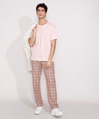 Calca-de-Flanela-Masculina-Reta-Estampada-Xadrez-com-Bolsos-Kaki-9984947-Kaki_3