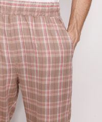 Calca-de-Flanela-Masculina-Reta-Estampada-Xadrez-com-Bolsos-Kaki-9984947-Kaki_4