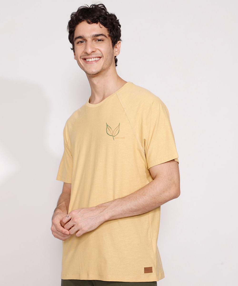 Camiseta Masculina Manga Curta Folha "Life Elements" Gola Careca Amarela