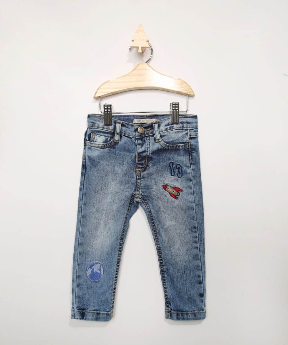 Calça Jeans Infantil Skinny com Patch Azul Escuro