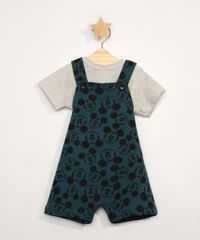 Conjunto-Infantil-de-Camiseta-Manga-Curta-Cinza-Mescla---Jardineira-Estampada-Mickey-Verde-9967610-Verde_1