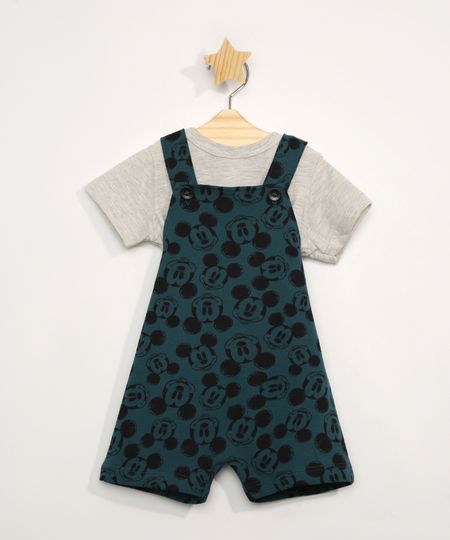 Conjunto-Infantil-de-Camiseta-Manga-Curta-Cinza-Mescla---Jardineira-Estampada-Mickey-Verde-9967610-Verde_1