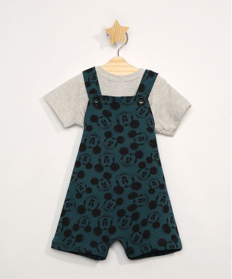 Conjunto-Infantil-de-Camiseta-Manga-Curta-Cinza-Mescla---Jardineira-Estampada-Mickey-Verde-9967610-Verde_1