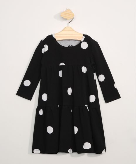 Vestido-Infantil-Basico-Manga-Longa-Estampado-de-Poa-com-Recorte--Preto-9981634-Preto_1