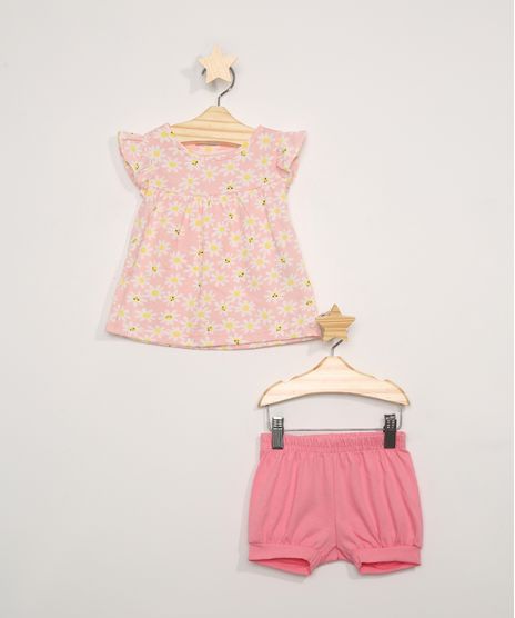 Conjunto-Infantil-de-Blusa-Manga-Curta-Estampada-Floral-Laranja---Short-Balone-Coral-9970489-Coral_1