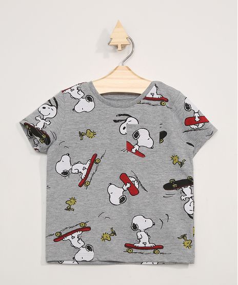Camiseta-Infantil-Manga-Curta-Estampado-de-Snoopy-com-Bolso-Gola-Careca-Cinza-Mescla-9975772-Cinza_Mescla_1