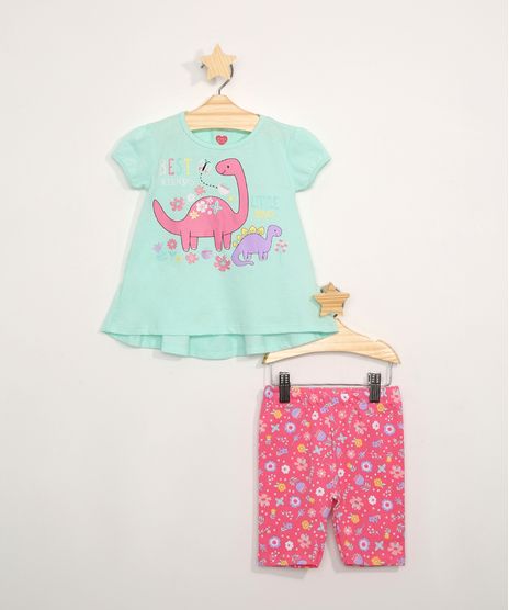 Conjunto-Infantil-de-Blusa-Dinossauro-Manga-Bufante-com-Babado-Azul---Bermuda-Ciclista-Estampada-Floral-Rosa-9976908-Rosa_1