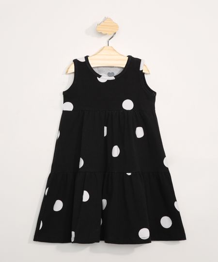 Vestido Infantil Básico Sem Manga Estampado de Poá com Recorte Preto - 4 Menor preço em Vestido Infantil Básico Sem Manga Estampado de Poá com Recorte Preto - 4