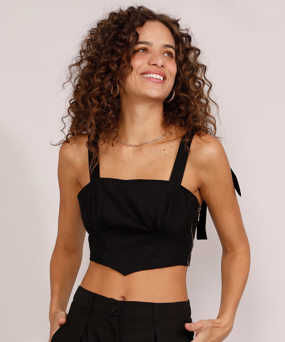 Top Cropped Feminino Corset com Franzidos Alça Laço Decote Reto Preto