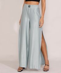 Calca-Feminina-Pantalona-Cintura-Super-Alta-Acetinada-com-Fenda-Verde-Claro-9977230-Verde_Claro_1