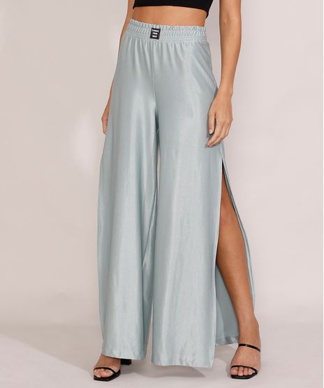 Calca-Feminina-Pantalona-Cintura-Super-Alta-Acetinada-com-Fenda-Verde-Claro-9977230-Verde_Claro_1