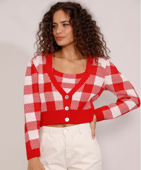 Cardigan-Feminino-de-Trico-Estampado-Xadrez-Vichy-Cropped-Decote-V-Vermelho-9985147-Vermelho_1