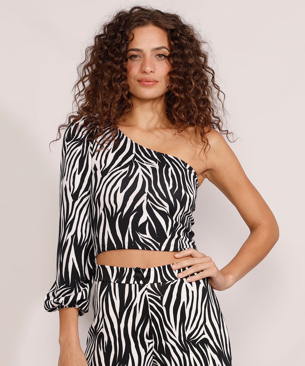 Blusa Feminina Um Ombro Só Cropped Manga Bufante Estampada Animal Print Zebra Preta