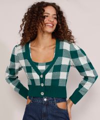 Cardigan-Feminino-de-Trico-Estampado-Xadrez-Vichy-Cropped-Decote-V-Verde-9985147-Verde_1