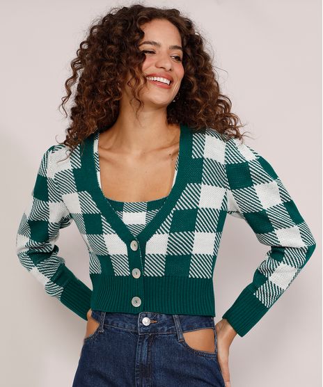 Cardigan-Feminino-de-Trico-Estampado-Xadrez-Vichy-Cropped-Decote-V-Verde-9985147-Verde_1