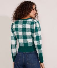 Cardigan-Feminino-de-Trico-Estampado-Xadrez-Vichy-Cropped-Decote-V-Verde-9985147-Verde_2