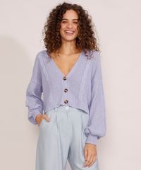 Cardigan-Feminino-de-Trico-Oversized-Cropped-Texturizado-Tranca-Manga-Bufante-Decote-V-Lilas-9987757-Lilas_1