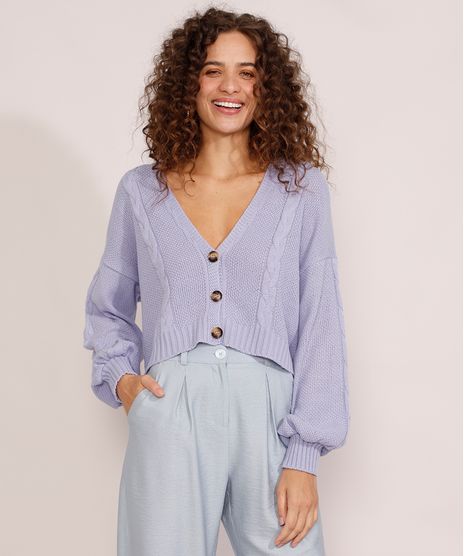Cardigan-Feminino-de-Trico-Oversized-Cropped-Texturizado-Tranca-Manga-Bufante-Decote-V-Lilas-9987757-Lilas_1