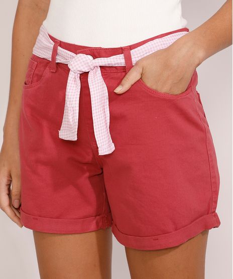 Short-de-Sarja-Midi-Cintura-Media-com-Faixa-para-Amarrar-Estampada-Rosa-9982920-Rosa_1