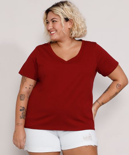 Camiseta-Plus-Size-Feminina-Manga-Curta-Decote-V-Vermelha-Escuro-9952769-Vermelho_Escuro_1