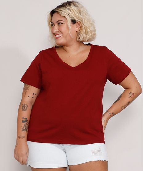 Camiseta-Plus-Size-Feminina-Manga-Curta-Decote-V-Vermelha-Escuro-9952769-Vermelho_Escuro_1