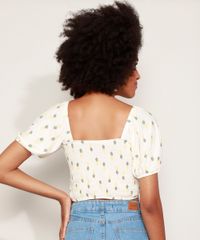 Blusa-Cropped-Feminina-com-Lastex-Estampada-Abacaxis-Manga-Curta-Bufante-Decote-Reto-Off-White-9970032-Off_White_2