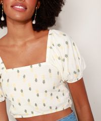 Blusa-Cropped-Feminina-com-Lastex-Estampada-Abacaxis-Manga-Curta-Bufante-Decote-Reto-Off-White-9970032-Off_White_4