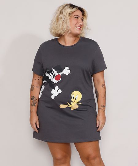 Camisola-Feminina-Plus-Size-Piu-Piu-e-Frajola-Manga-Curta-Chumbo-9974465-Chumbo_1