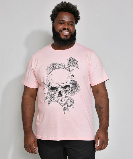 Camiseta-Masculina-Plus-Size-Caveira-Manga-Curta-Gola-Careca-Rosa-9982624-Rosa_1