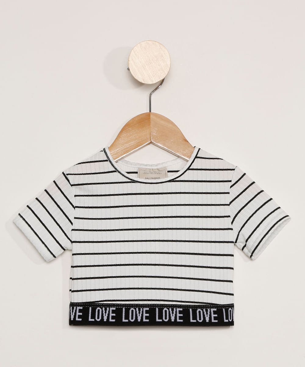 Blusa Infantil Cropped Listrada Manga Curta com Faixa Off White